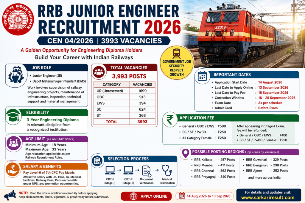 RRB Junior Engineer Recruitment 2026: 3,993 Vacancies Open Across India