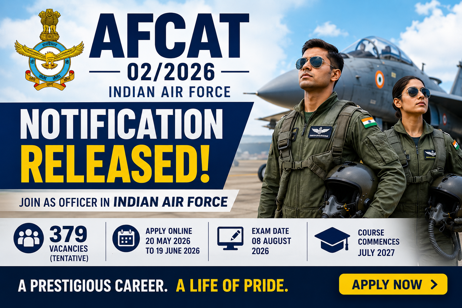 AFCAT 2 for 2026 Notification Released : 379 Officer Vacancies in Indian Air Force – Eligibility, Salary, Selection Process and How to Apply
