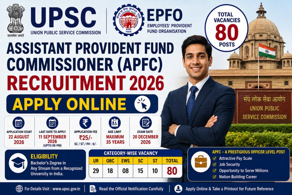 UPSC EPFO APFC Recruitment 2026: Apply Online for 80 Assistant Provident Fund Commissioner Posts